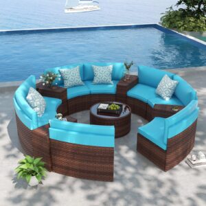 oc orange-casual 13 pieces sectional outdoor furniture, half-moon curved outdoor sofa, all-weather brown wicker with round coffee table and turquoise cushions (pillows & waterproof cover included)