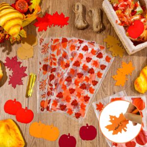 Remerry 600 Pcs Fall Cellophane Treat Bags Thanksgiving Candy Bags Fall Goodie Bags Maple Leaf Pumpkin Bags with Pumpkin Maple Leaf Tags Gold Twist Tie Twine Autumn Party Supplies