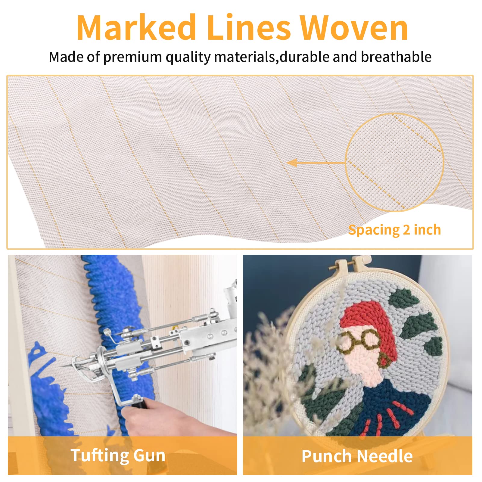 197in Large Primary Tufting Cloth with Marked Lines, Monks Cloth Punch Needle Fabric for Tufting Gun Rug Punch