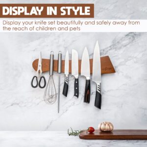 Magnetic knife holder for wall no drill - 16" Wooden knife magnetic strip no drilling option w/adhesive backing & drilling hardware | Magnetic knife strip | kitchen knife organizer rack -Light Brown