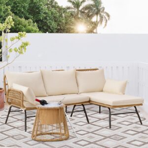 BULEXYARD Set of 3 Boho Outdoor Patio Furniture Sets with Round Tempered Glass Table, Small Size L Shape Wicker Conversation Sectional Sofa Sets for Backyard, Porch, Deck, Garden, Balcony