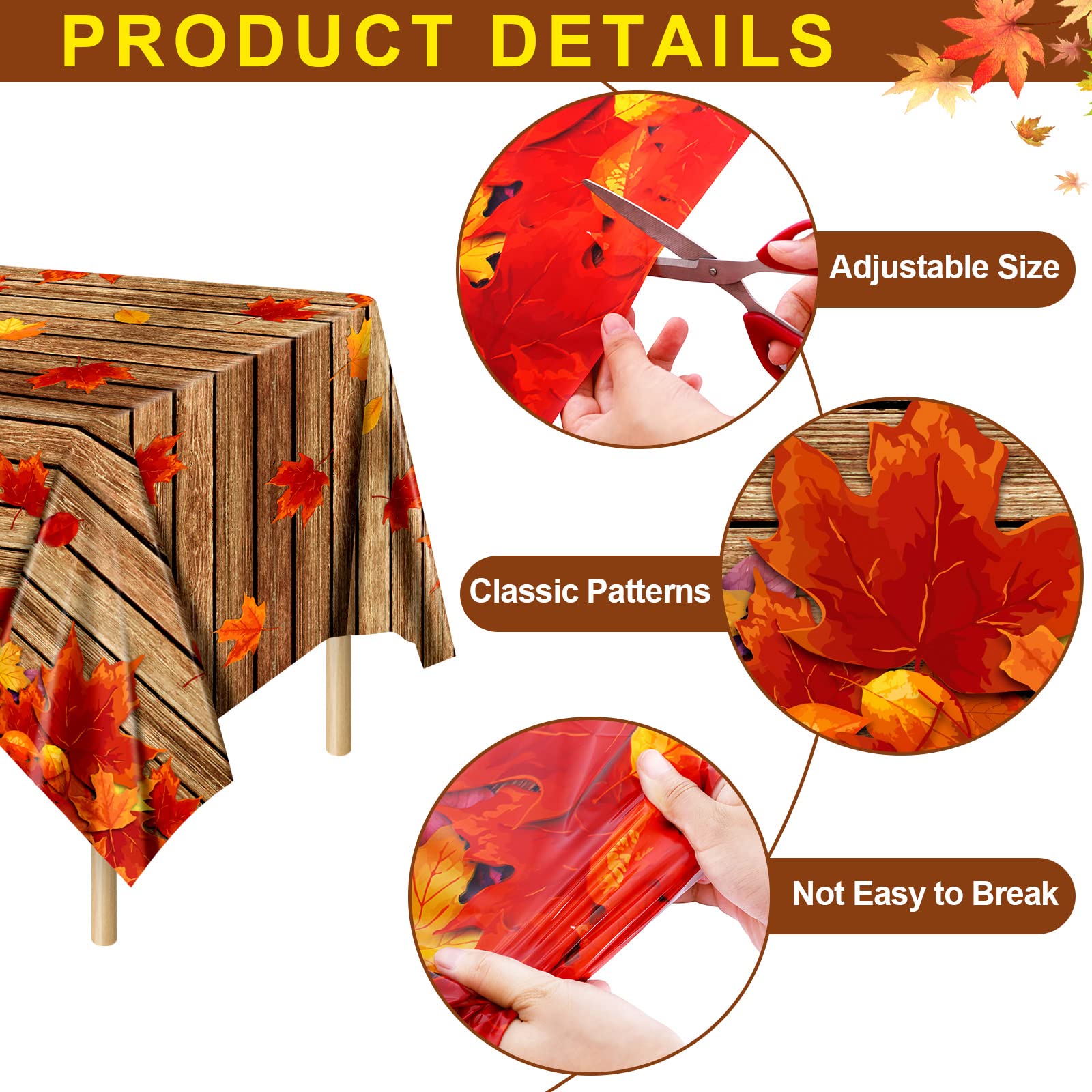 durony 2 Pack Autumn Plastic Tablecloths Fall Maple Leaves Table Cloth Waterproof Thanksgiving Party Table Covers Wood Grain Tablecloths for Harvest Fall Parties Decor, 54 x 108 Inches