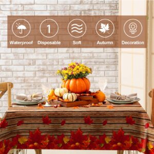 durony 2 Pack Autumn Plastic Tablecloths Fall Maple Leaves Table Cloth Waterproof Thanksgiving Party Table Covers Wood Grain Tablecloths for Harvest Fall Parties Decor, 54 x 108 Inches