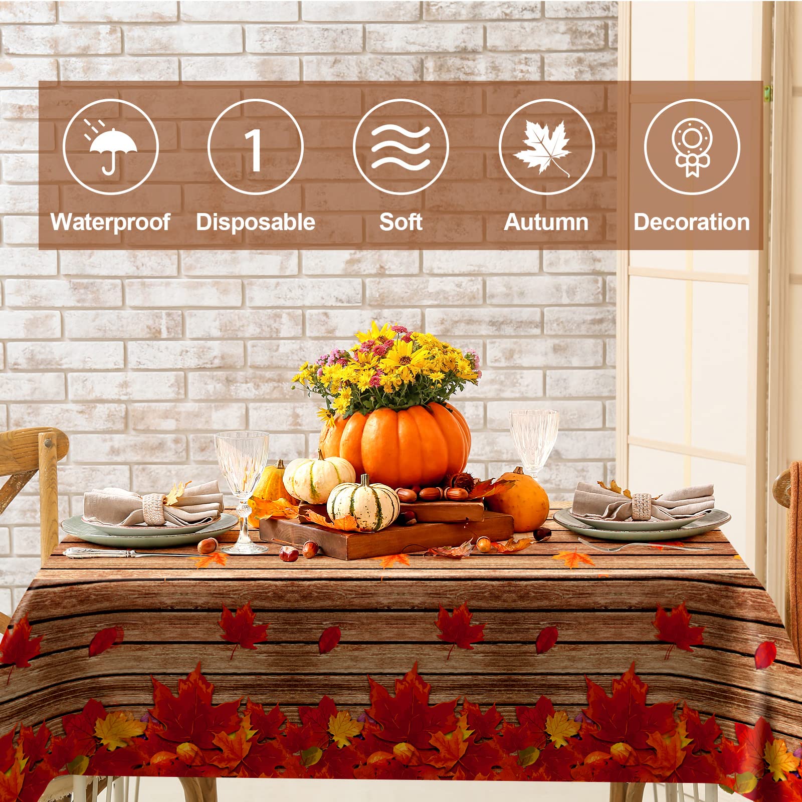 durony 2 Pack Autumn Plastic Tablecloths Fall Maple Leaves Table Cloth Waterproof Thanksgiving Party Table Covers Wood Grain Tablecloths for Harvest Fall Parties Decor, 54 x 108 Inches