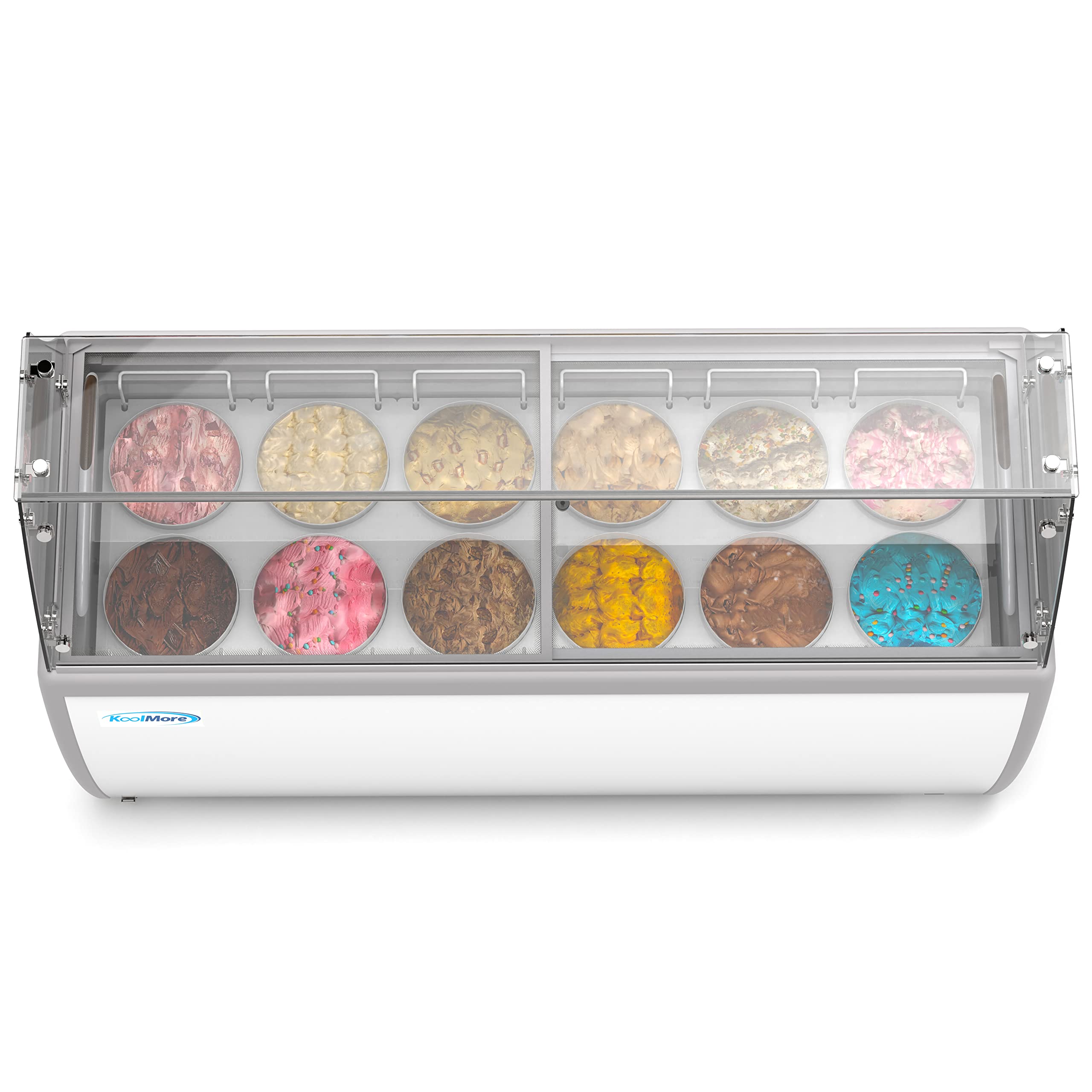 Koolmore 70 inch Commercial Ice Cream Dipping Cabinet Display Case with Sneeze Guard, 12 Large Displayed Tubs, 10 Storing Tube, Sliding Glass Door [20 Cu. Ft.] (KM-ICD-71SD-FG)