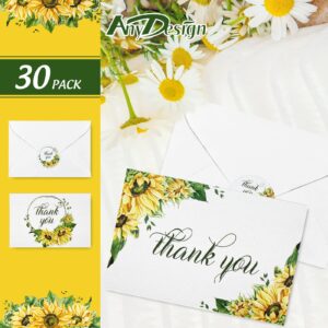 AnyDesign Sunflower Thank You Cards Bulk 30 Pack Thank You Notes with Matching Seal Stickers White Envelopes Floral Greeting Cards for Wedding Baby Shower Bridal Birthday Party, 4 x 6 Inch