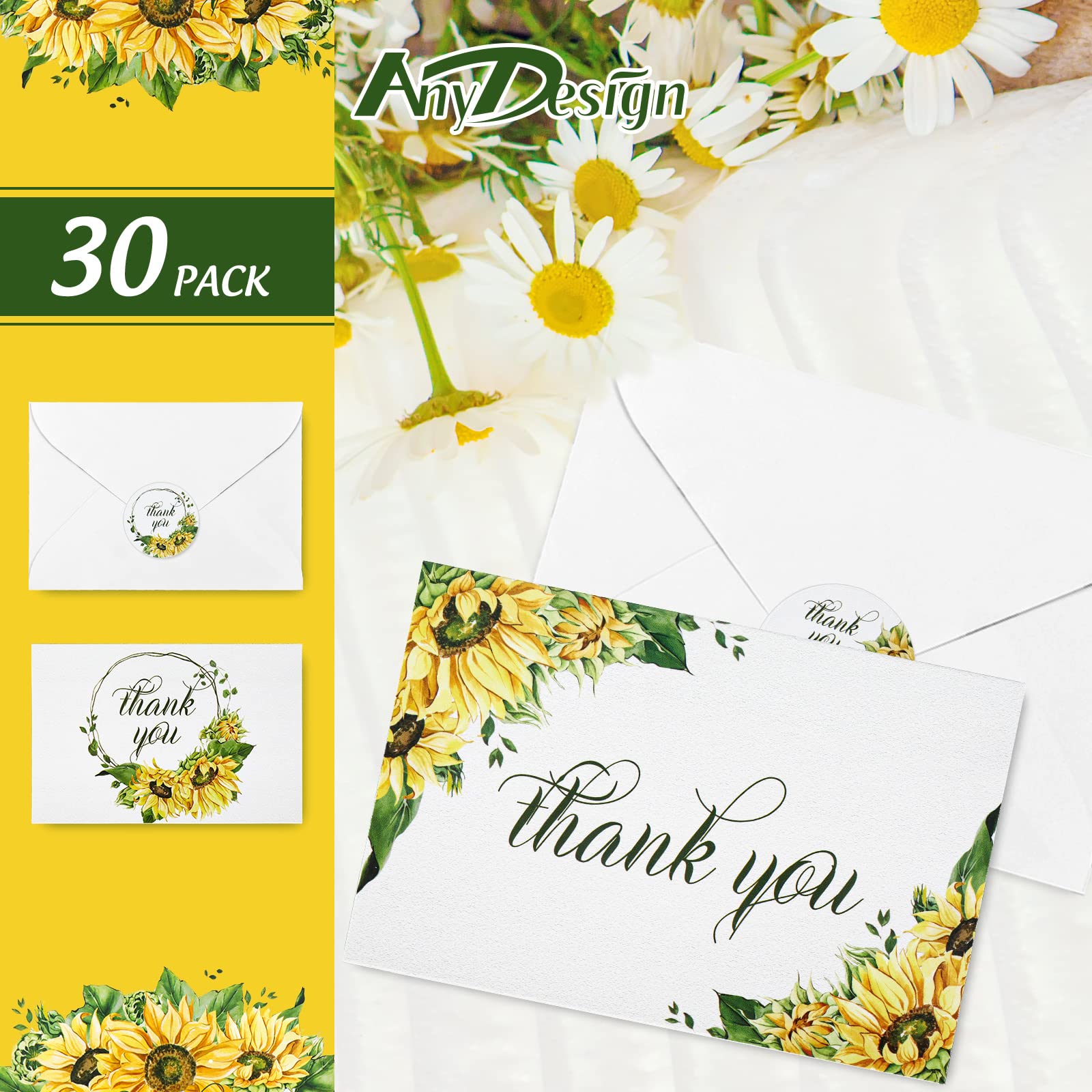 AnyDesign Sunflower Thank You Cards Bulk 30 Pack Thank You Notes with Matching Seal Stickers White Envelopes Floral Greeting Cards for Wedding Baby Shower Bridal Birthday Party, 4 x 6 Inch