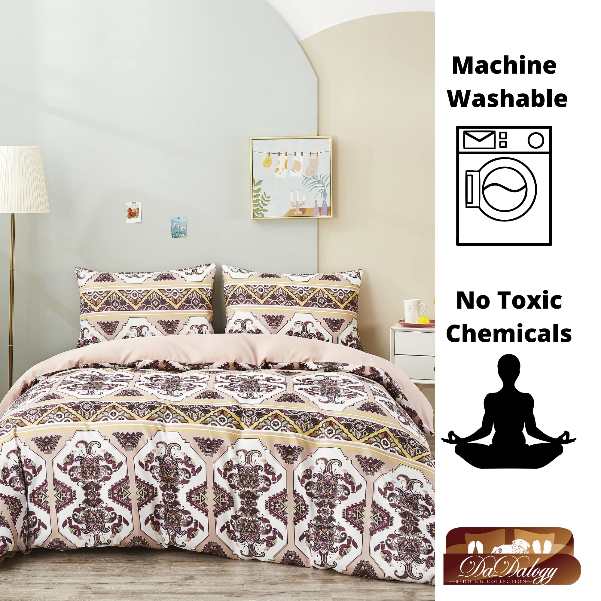 DaDa Bedding Southwestern Duvet Cover Set - Blush Pink, Kilim & Tribal Design - Includes Matching Pillowcases - Persian-Inspired, Ornate Traditional Print - Queen - 3-Pieces