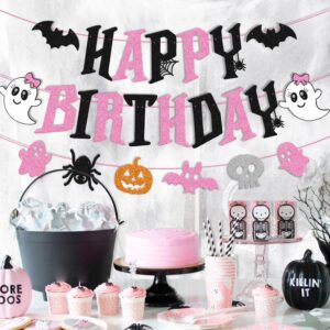 Halloween Happy Birthday Banner Hallows Bday Decoration Ghost Spider Bat Spooky Boo Horror Theme Halloween Eve Party Event Celebration Anniversary Decor for Girls Women Lady Glitter Black Pink