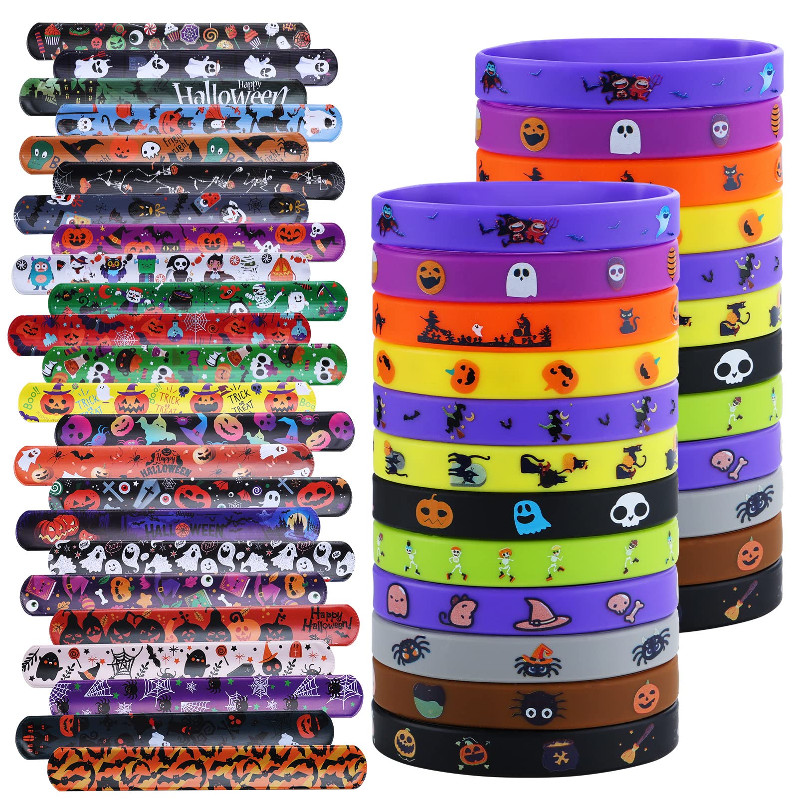 xutengy 48Pcs Halloween Party Favors Decorations Slap Bracelets Rubber Wristbands, Trick or Treat Party Favors, Classroom Prizes, Halloween Party Gift Treat Bag Filler Supply