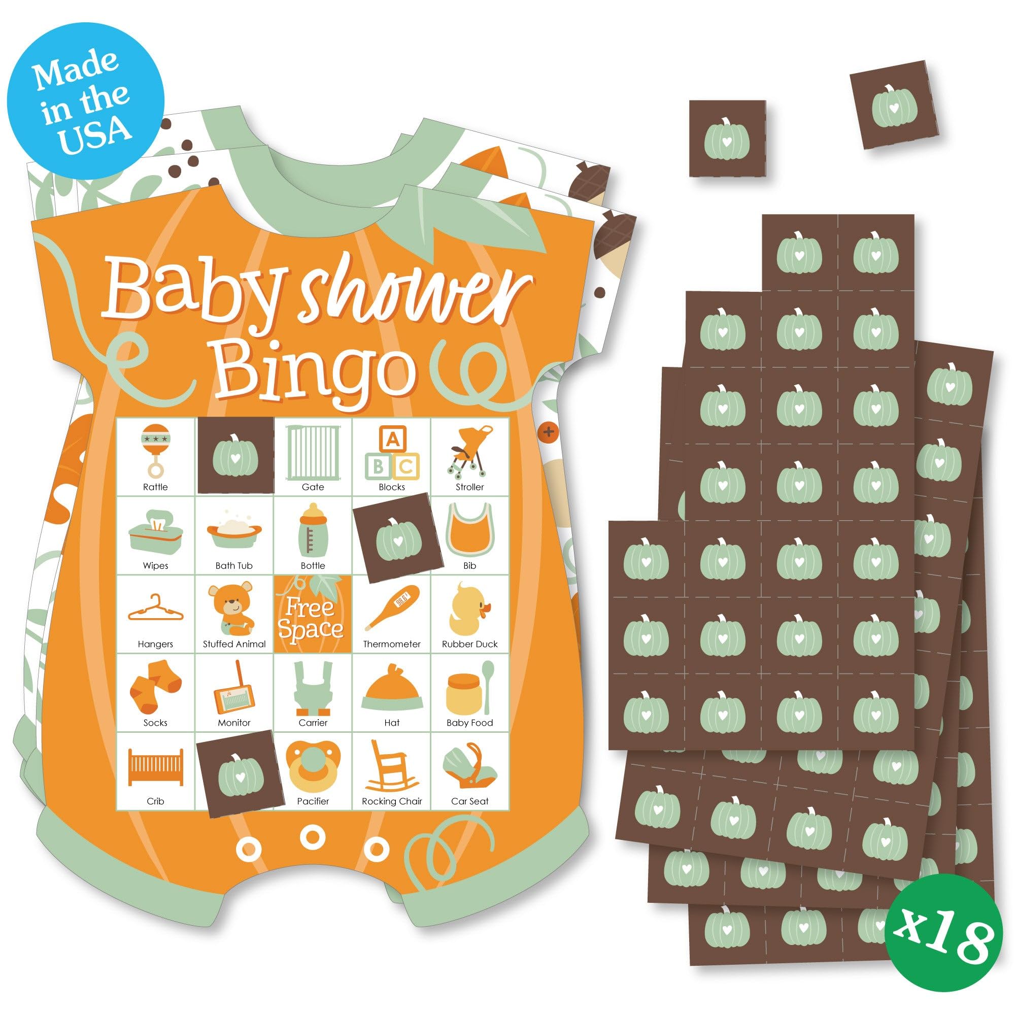 Big Dot of Happiness Little Pumpkin Baby Shower Decorations, Fall Baby Shower Games, Picture Bingo Cards and Markers, Fall Baby Shower Shaped Bingo Game - Set of 18