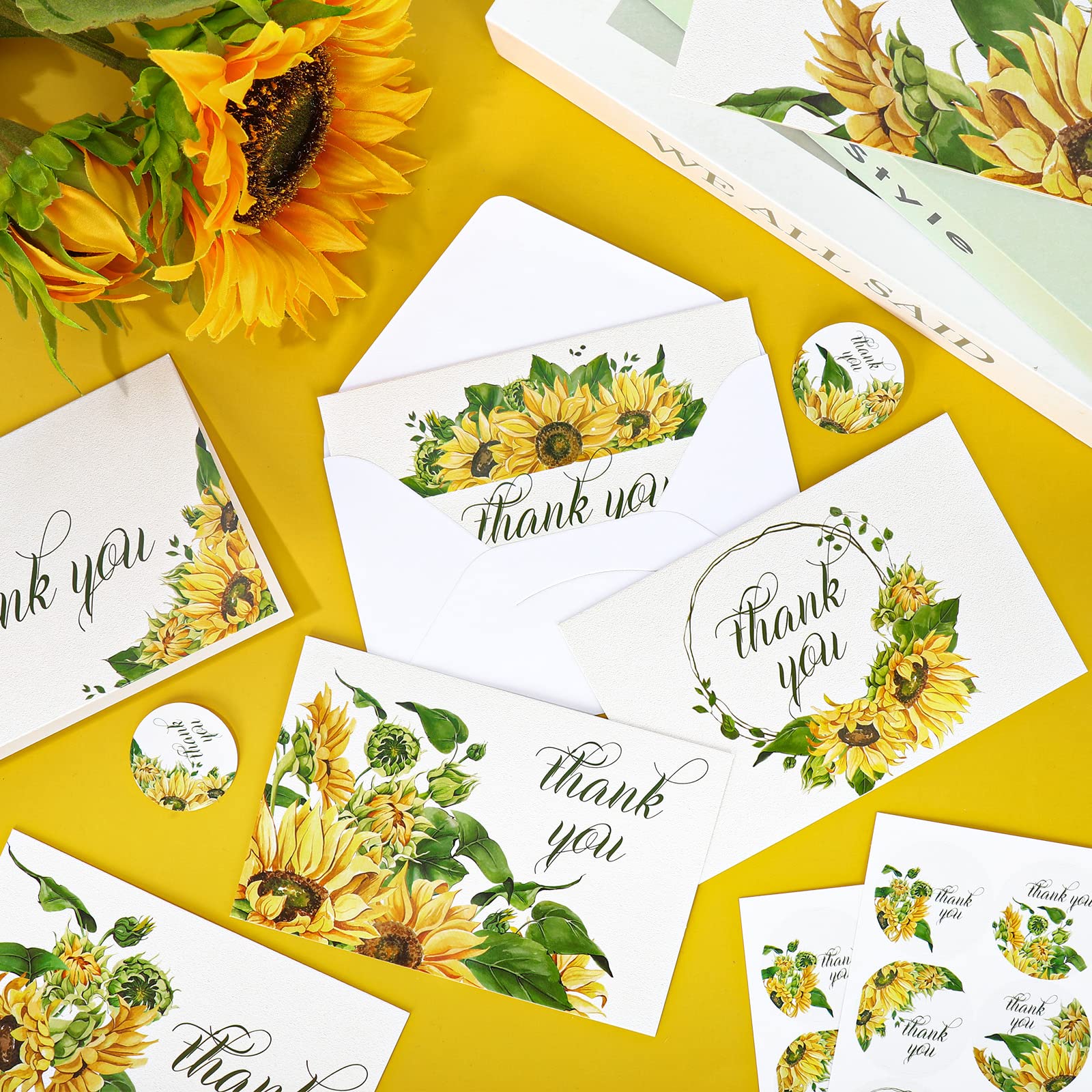 AnyDesign Sunflower Thank You Cards Bulk 30 Pack Thank You Notes with Matching Seal Stickers White Envelopes Floral Greeting Cards for Wedding Baby Shower Bridal Birthday Party, 4 x 6 Inch