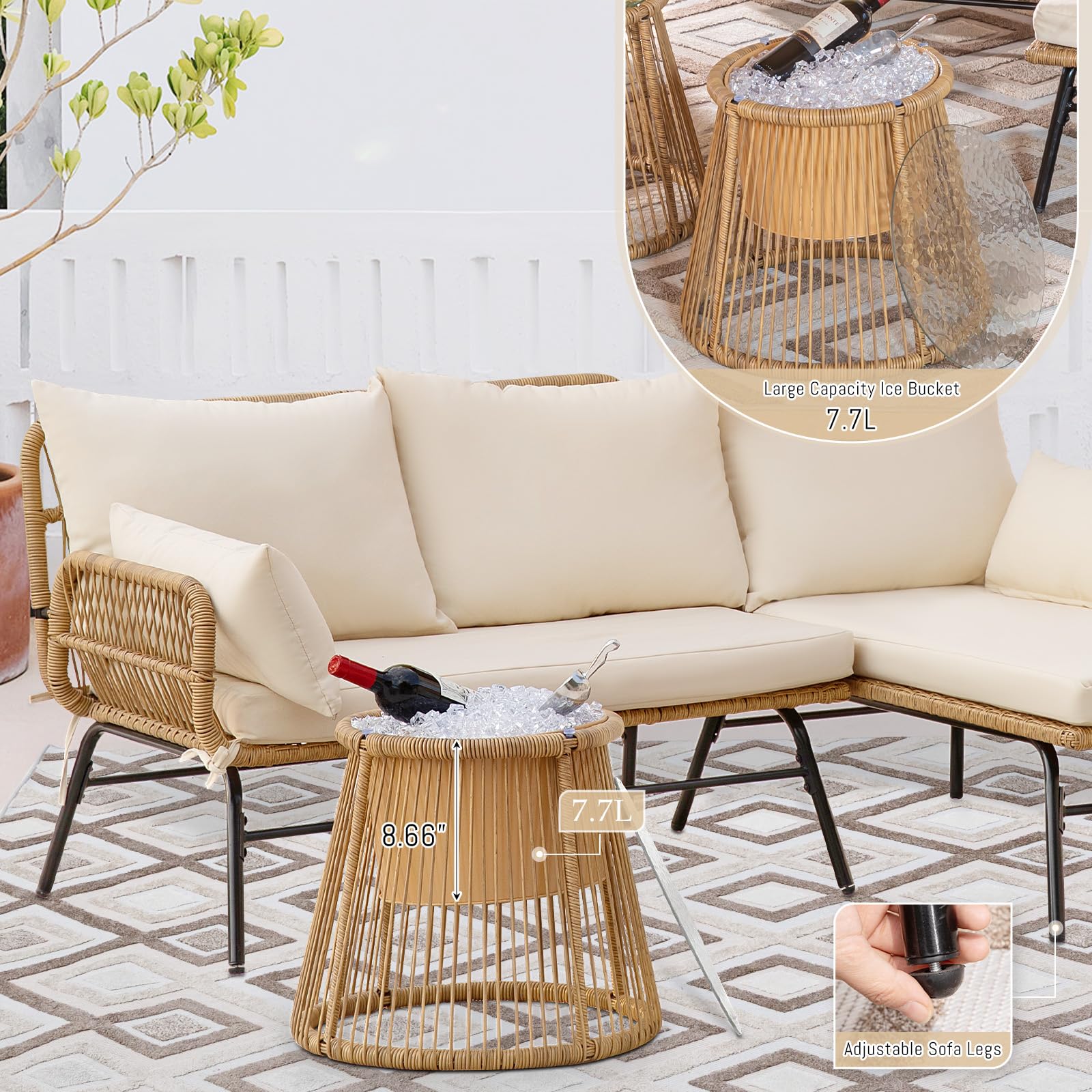 BULEXYARD Set of 3 Boho Outdoor Patio Furniture Sets with Round Tempered Glass Table, Small Size L Shape Wicker Conversation Sectional Sofa Sets for Backyard, Porch, Deck, Garden, Balcony