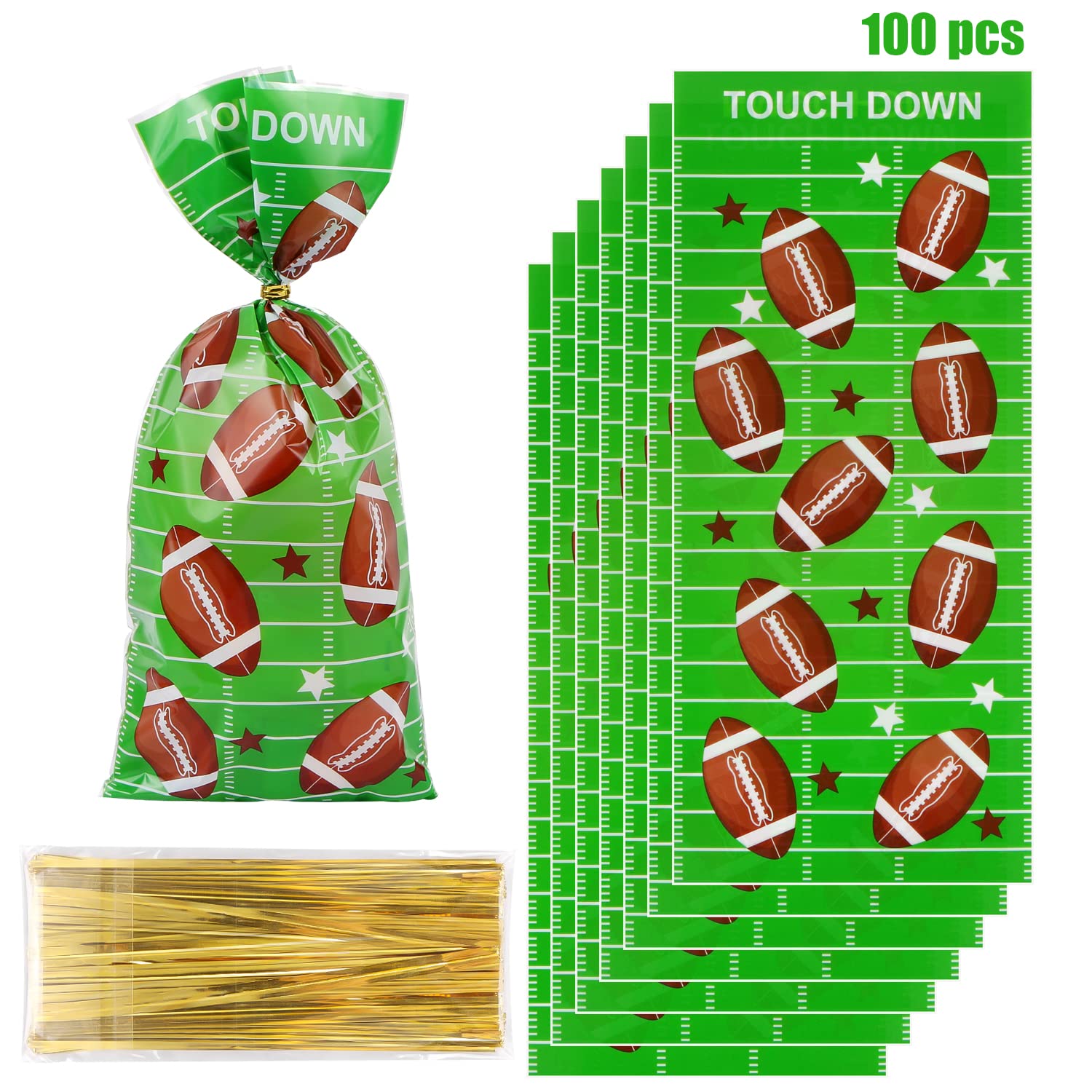 EVERMARKET 100 Pcs Football Goodie Bags Football Party Favors Treat Bags Cellophane Gift Bags Candy Bags with 100 Twist Ties for Football Theme Baby Shower Birthday Decors Sports Event Party Supplies