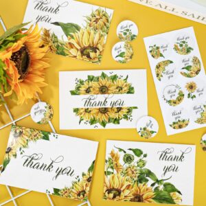 AnyDesign Sunflower Thank You Cards Bulk 30 Pack Thank You Notes with Matching Seal Stickers White Envelopes Floral Greeting Cards for Wedding Baby Shower Bridal Birthday Party, 4 x 6 Inch