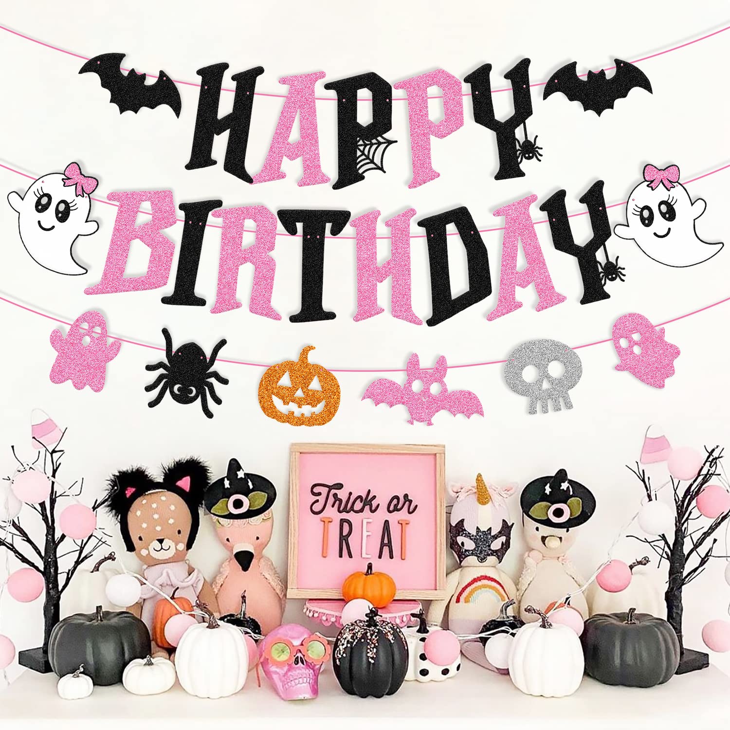 Halloween Happy Birthday Banner Hallows Bday Decoration Ghost Spider Bat Spooky Boo Horror Theme Halloween Eve Party Event Celebration Anniversary Decor for Girls Women Lady Glitter Black Pink