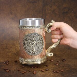 Ottalent 18fl oz Nordic Mythology World Tree Yggdrasil Beer Stein Mug, Stainless Steel TheTree of Life Coffee Drink Cup for Men and Father’s Day Gift 600ml