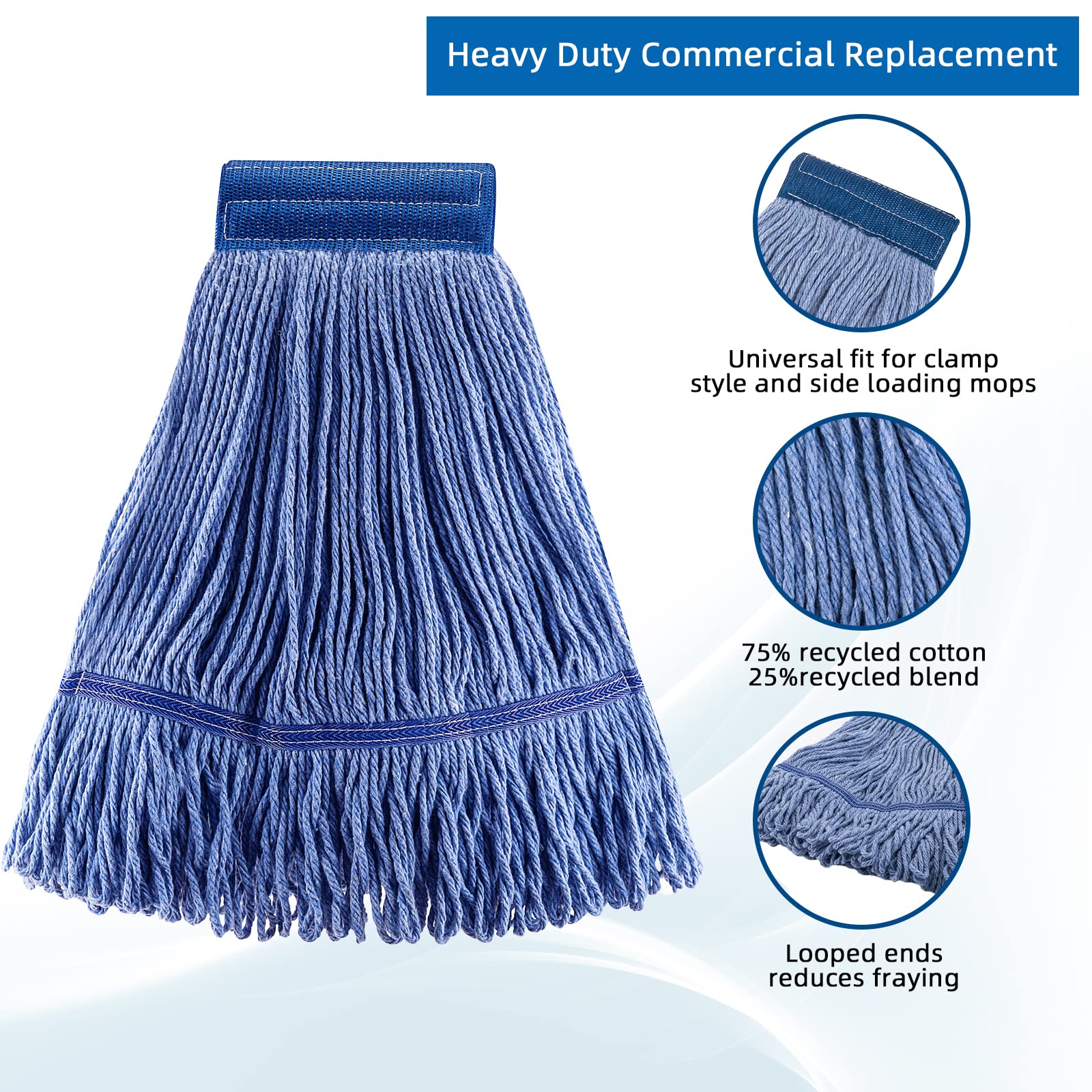 (3 Pack) Mop Head Replacement, Mop Heads Commercial,Blue Cotton Looped End String, Wet Industrial Cleaning Vintage Mop Head Replacements Refill, Swinger Loop Mop, for Heavy Duty Rubbermaid Mop Heads