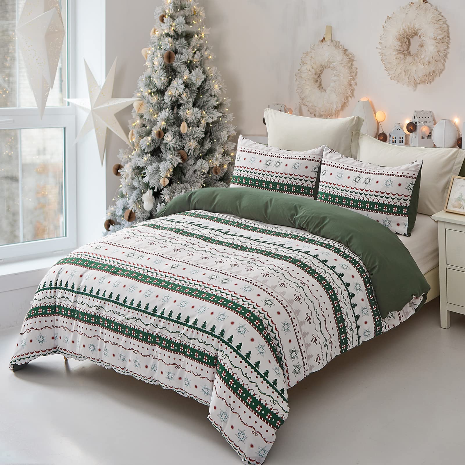 Christmas Duvet Cover Set King Size, Green White Striped Holiday Snowflake Christmas Tree Pattern Bedding Set 3 Pieces, Soft Microfiber Xmas Holiday New Year Gift Comforter Cover Bedroom Decor