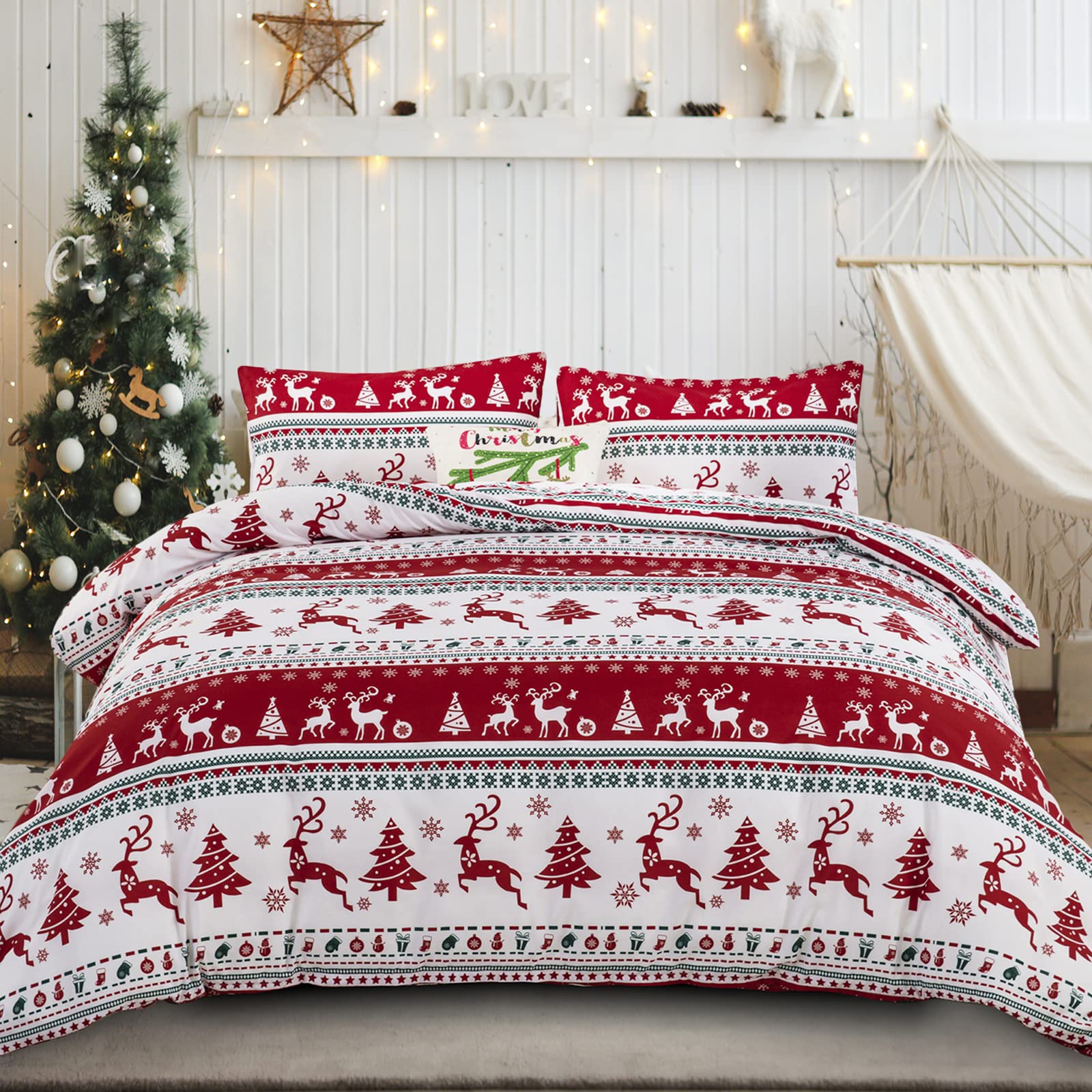 Dobuyly Christmas Duvet Cover Set Queen Reversible Christmas Tree Reindeer Boho Bedding Set 3 Pieces Soft Microfiber Comforter Cover for Bedroom Decor