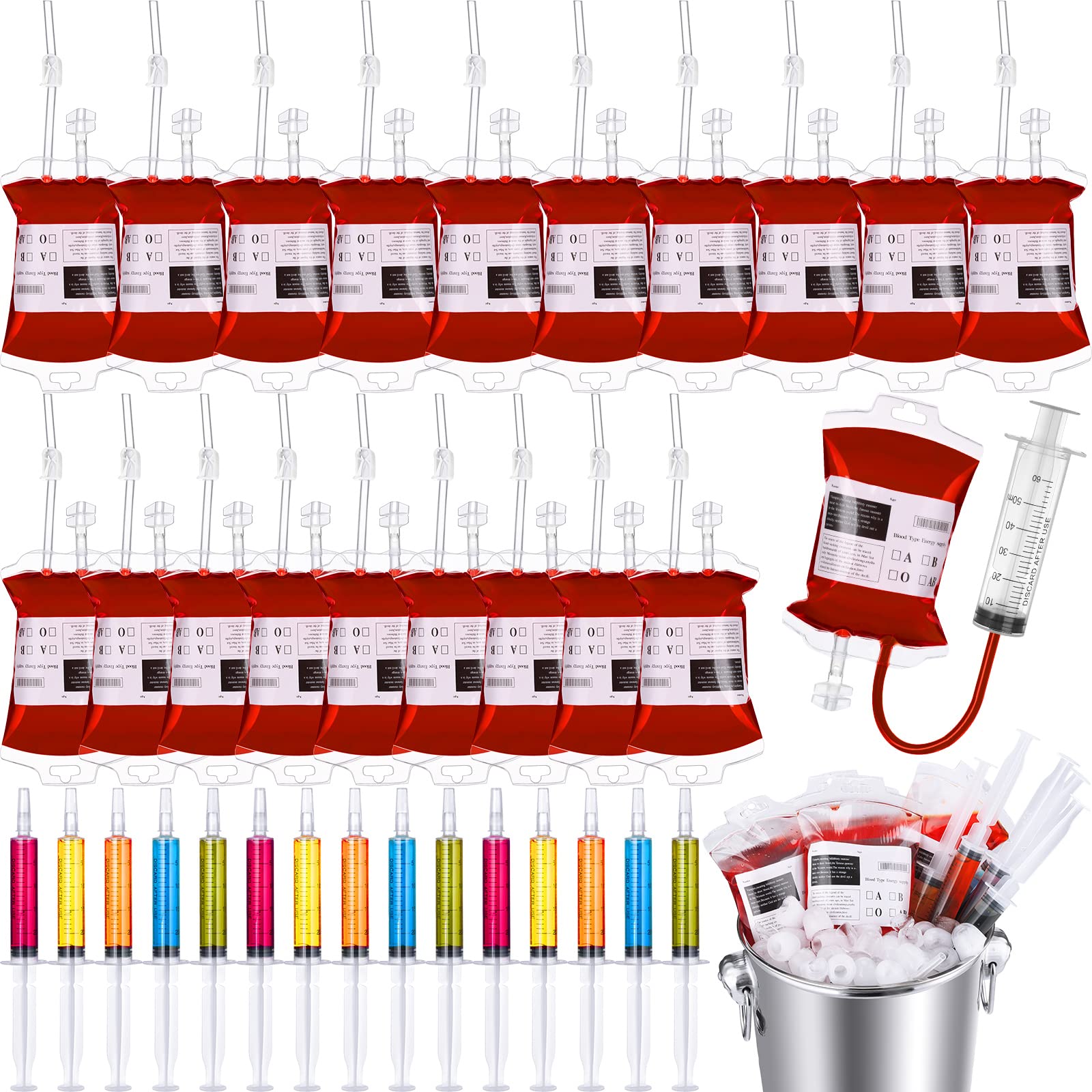 Jerify 36 Pcs Blood Bag Set 20 Pcs IV Bags Pouches 15 Pack Jelly Syringes and Injection Syringe for Halloween Gag Gift Graduation Zombie Vampire, Reusable Party Cups Container