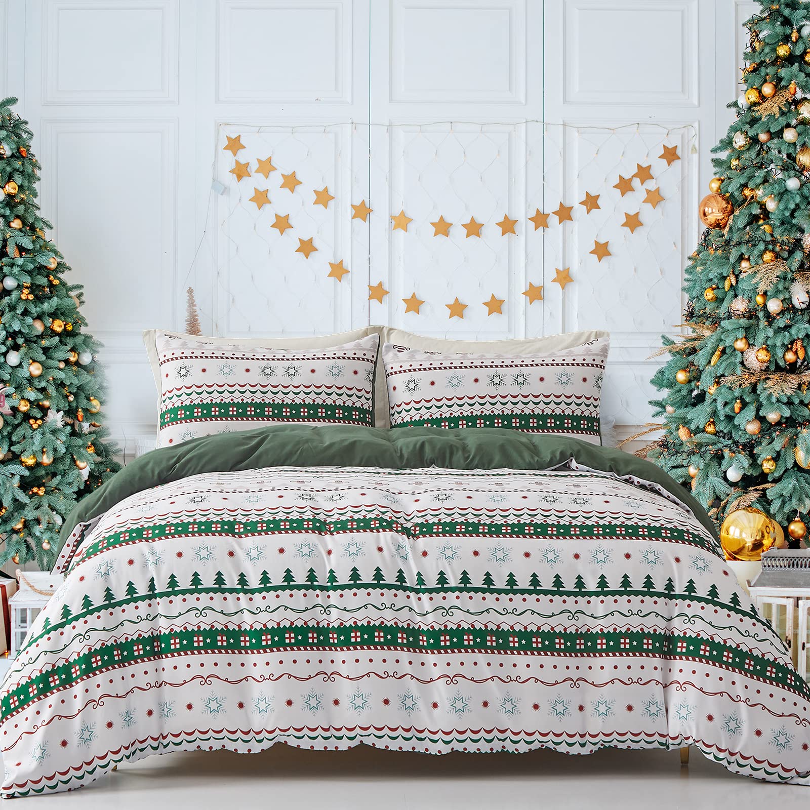 Christmas Duvet Cover Set King Size, Green White Striped Holiday Snowflake Christmas Tree Pattern Bedding Set 3 Pieces, Soft Microfiber Xmas Holiday New Year Gift Comforter Cover Bedroom Decor