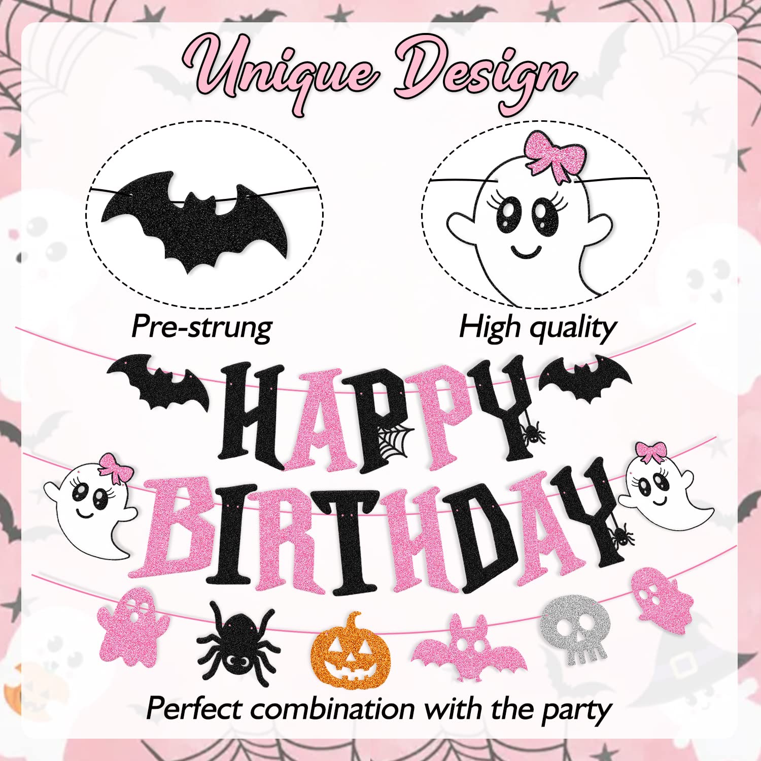 Halloween Happy Birthday Banner Hallows Bday Decoration Ghost Spider Bat Spooky Boo Horror Theme Halloween Eve Party Event Celebration Anniversary Decor for Girls Women Lady Glitter Black Pink