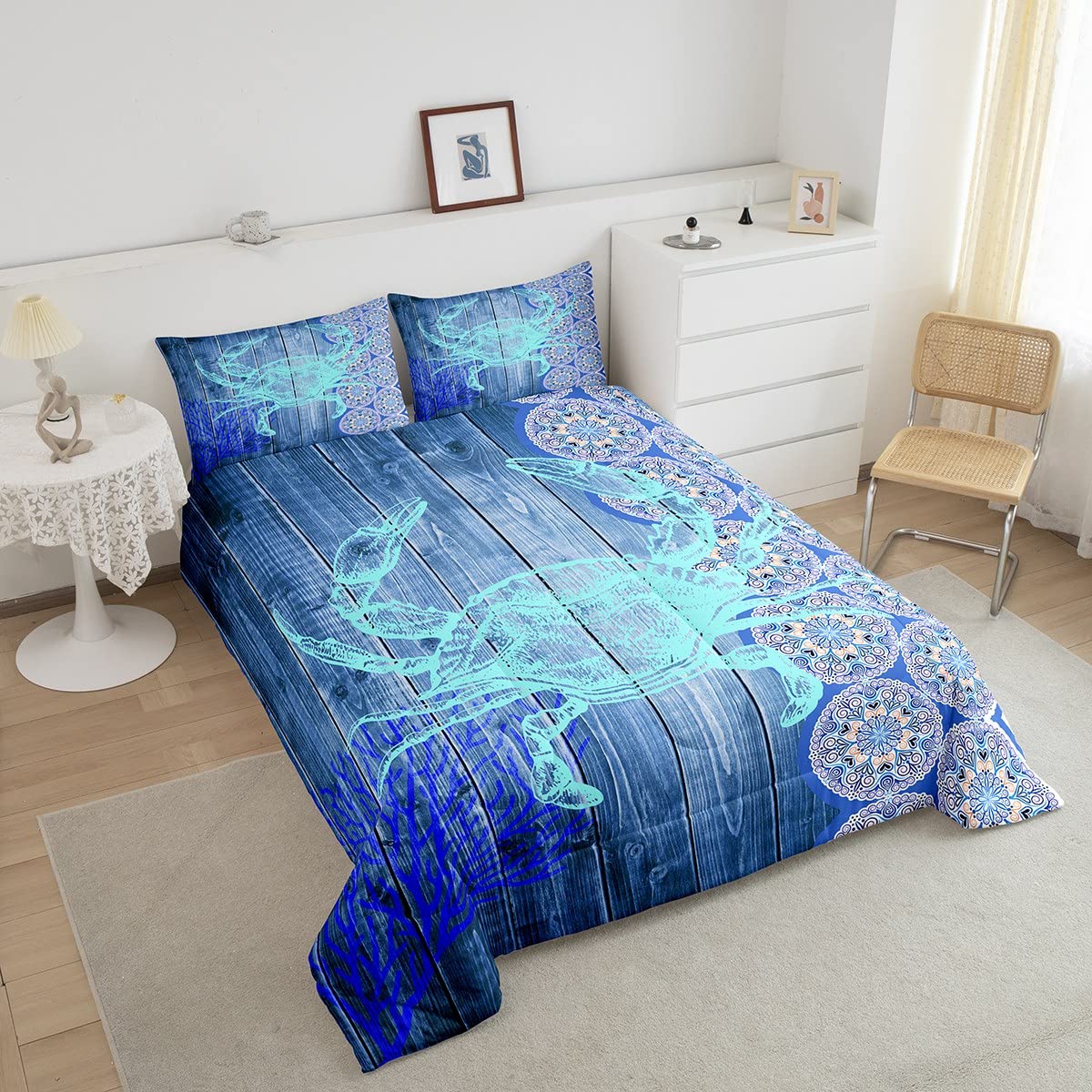 Erosebridal Crab Print Bedding King Ocean Themed Comforter Boho Mandala Duvet Insert Blue Coral Quilted Duvet 3pcs Sea Wildlife Down Alternative Comforter with 2 Pillowcase Blue Bedroom Comforter Set