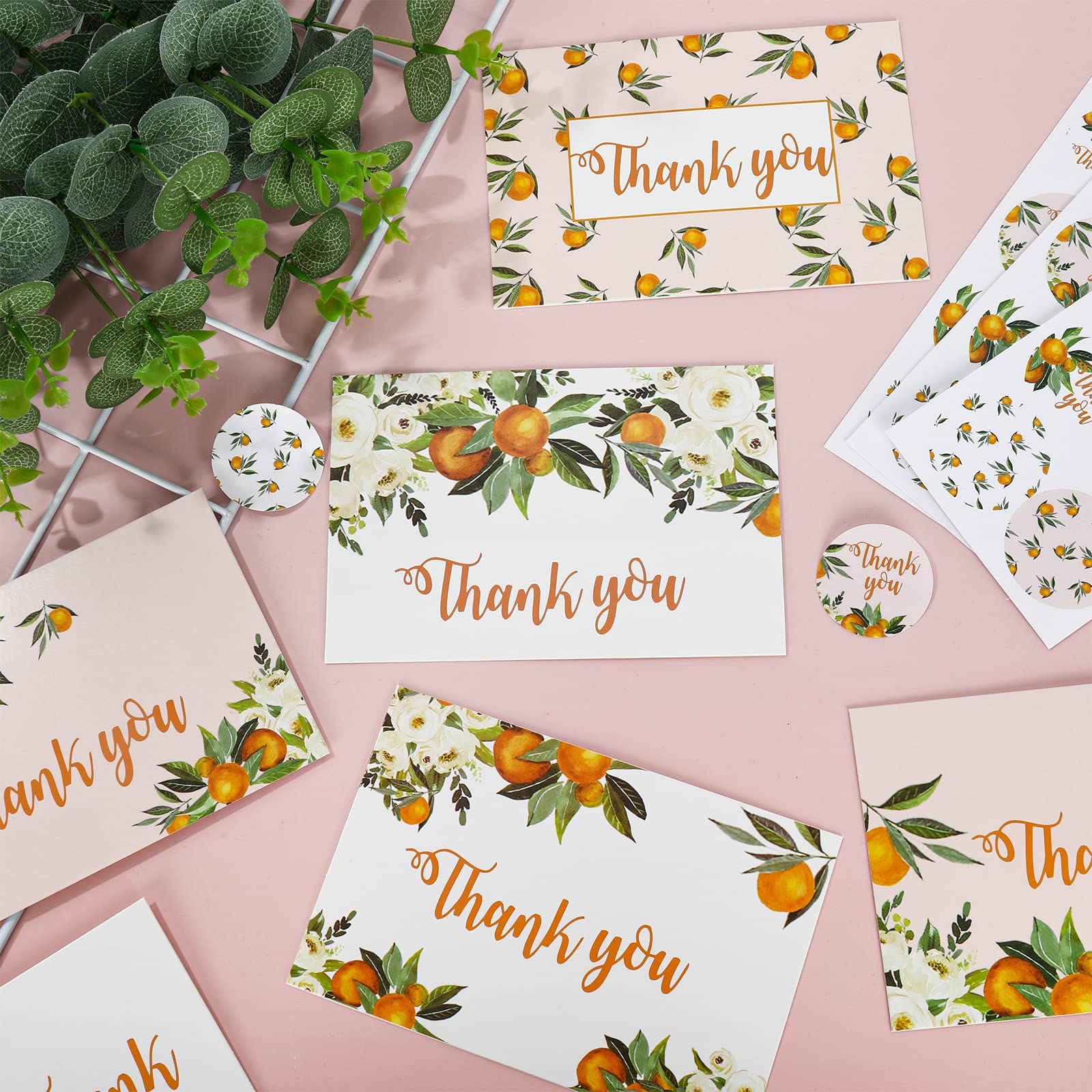 AnyDesign Little Cuties Clementine Thank You Greeting Cards Bulk 30 Pack Orange Rose Greeting Cards with Matching Seal Stickers Envelops Blank Note Cards for Baby Shower Wedding Birthday Bridal Party