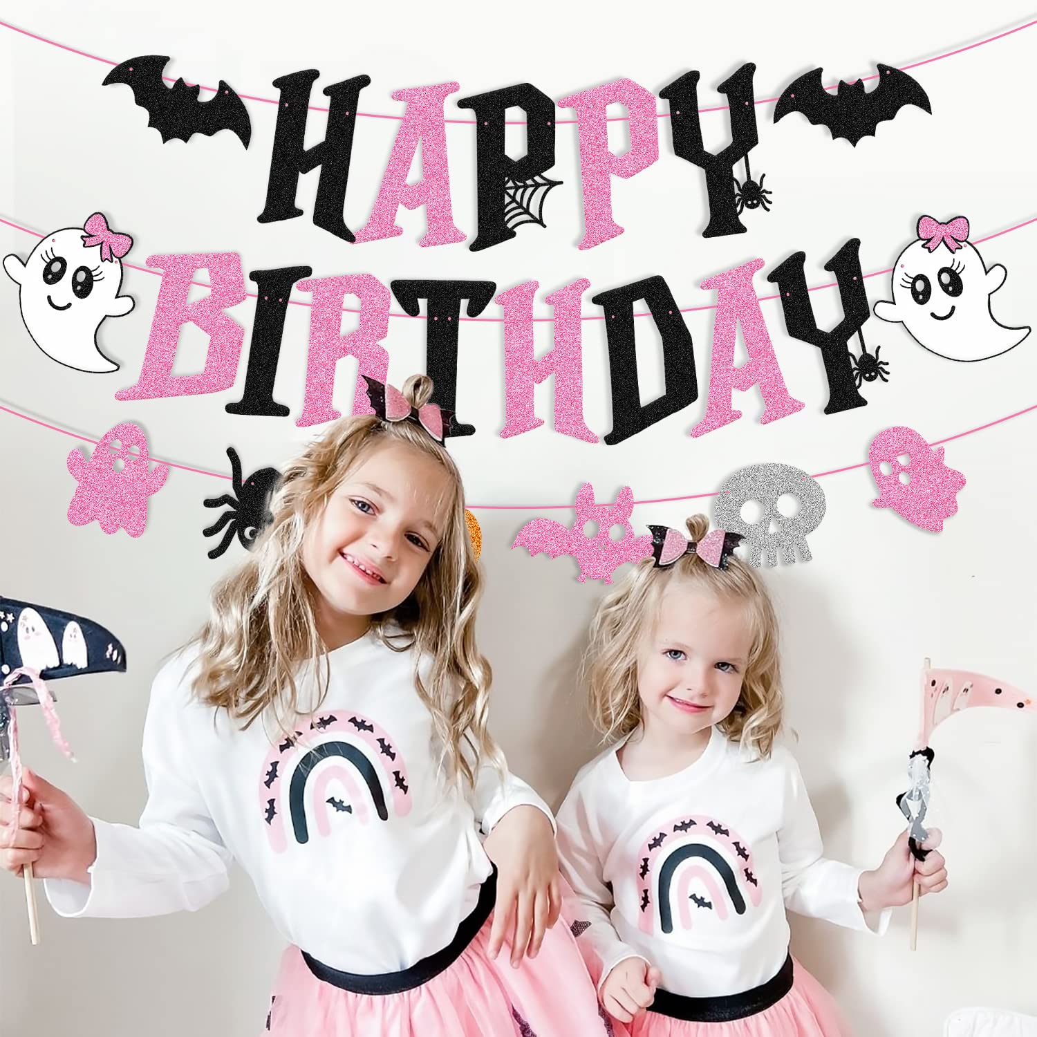 Halloween Happy Birthday Banner Hallows Bday Decoration Ghost Spider Bat Spooky Boo Horror Theme Halloween Eve Party Event Celebration Anniversary Decor for Girls Women Lady Glitter Black Pink