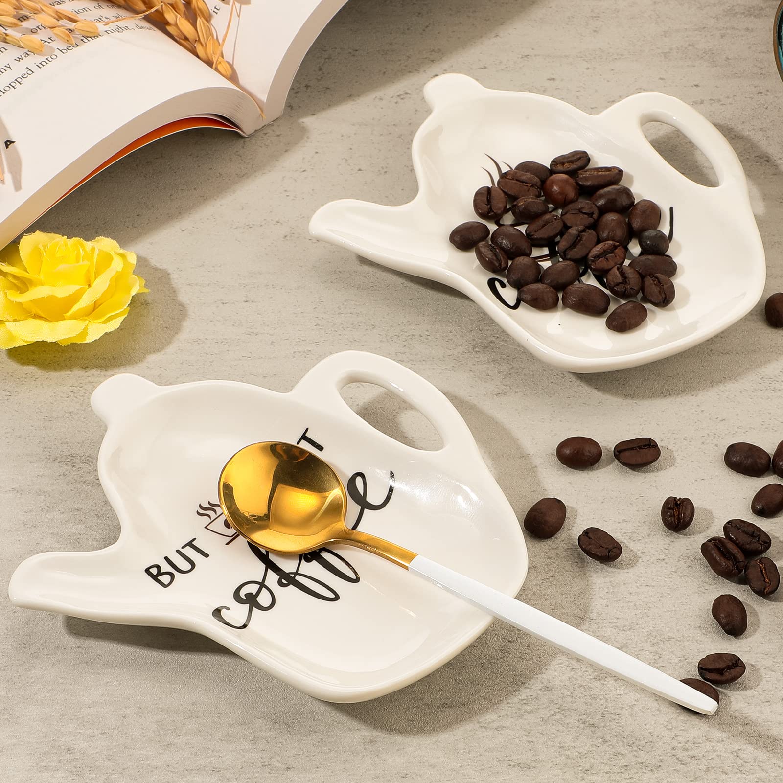 2 Pieces Ceramic Coffee Spoon Holder Rest Funny Coffee Quote But First Coffee for Coffee Lovers Nice Easter Present Coffee Station Decor Coffee Bar Accessories