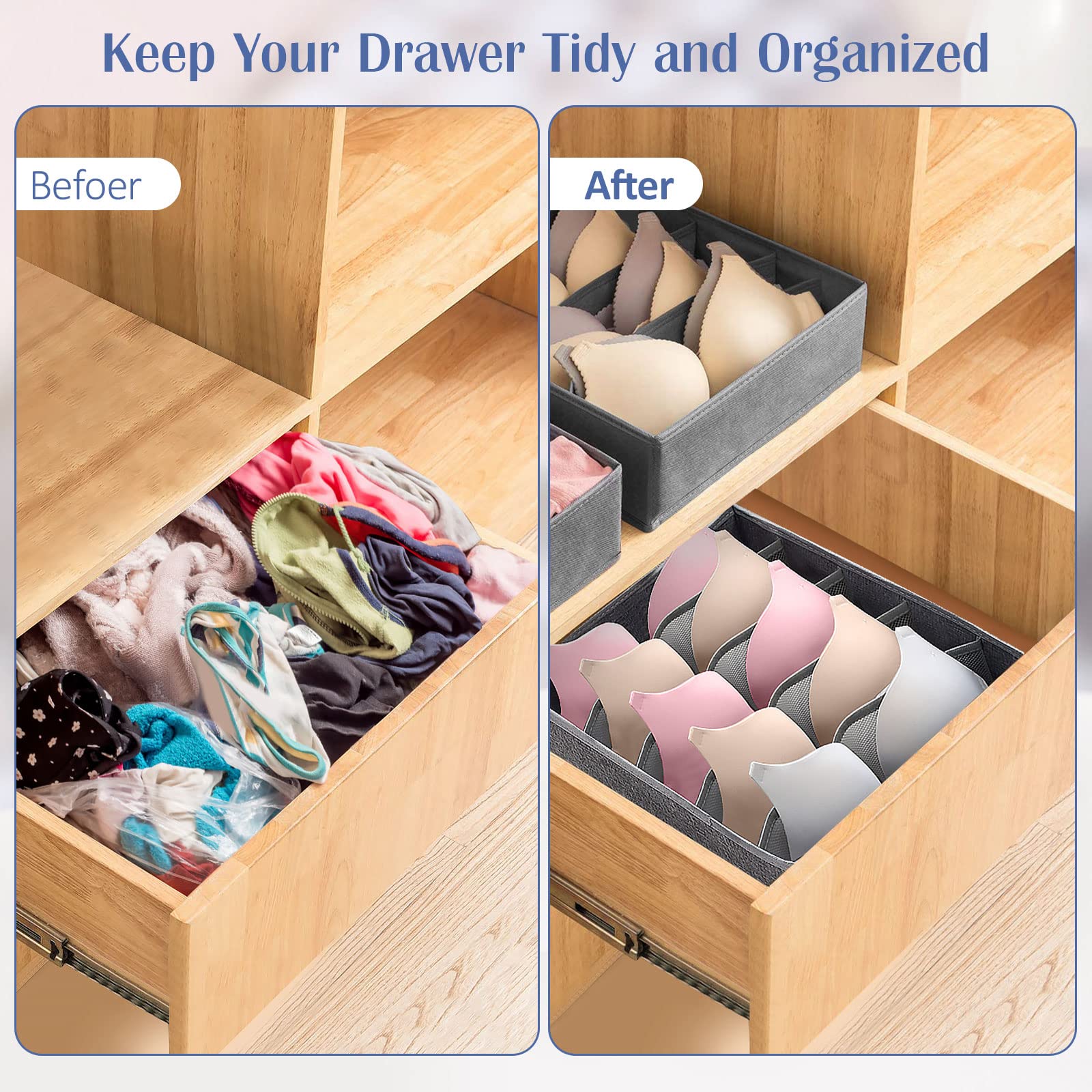 STYLIFING 3 Pack Bra Drawer Organizer, 5 Cells Foldable Underwear Storage Organizer for Closet