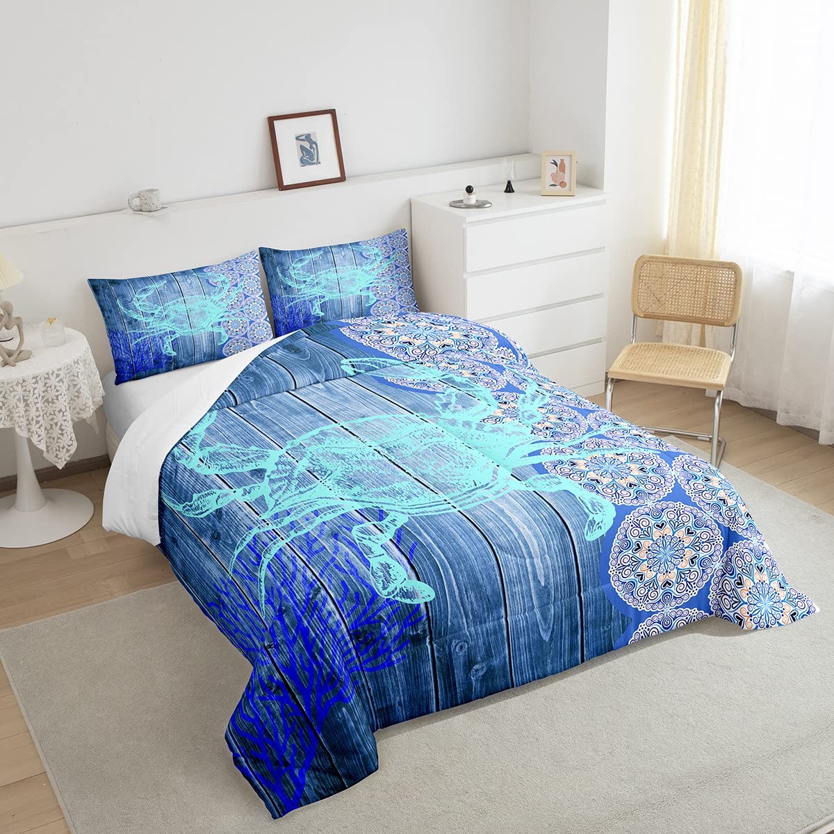 Erosebridal Crab Print Bedding King Ocean Themed Comforter Boho Mandala Duvet Insert Blue Coral Quilted Duvet 3pcs Sea Wildlife Down Alternative Comforter with 2 Pillowcase Blue Bedroom Comforter Set