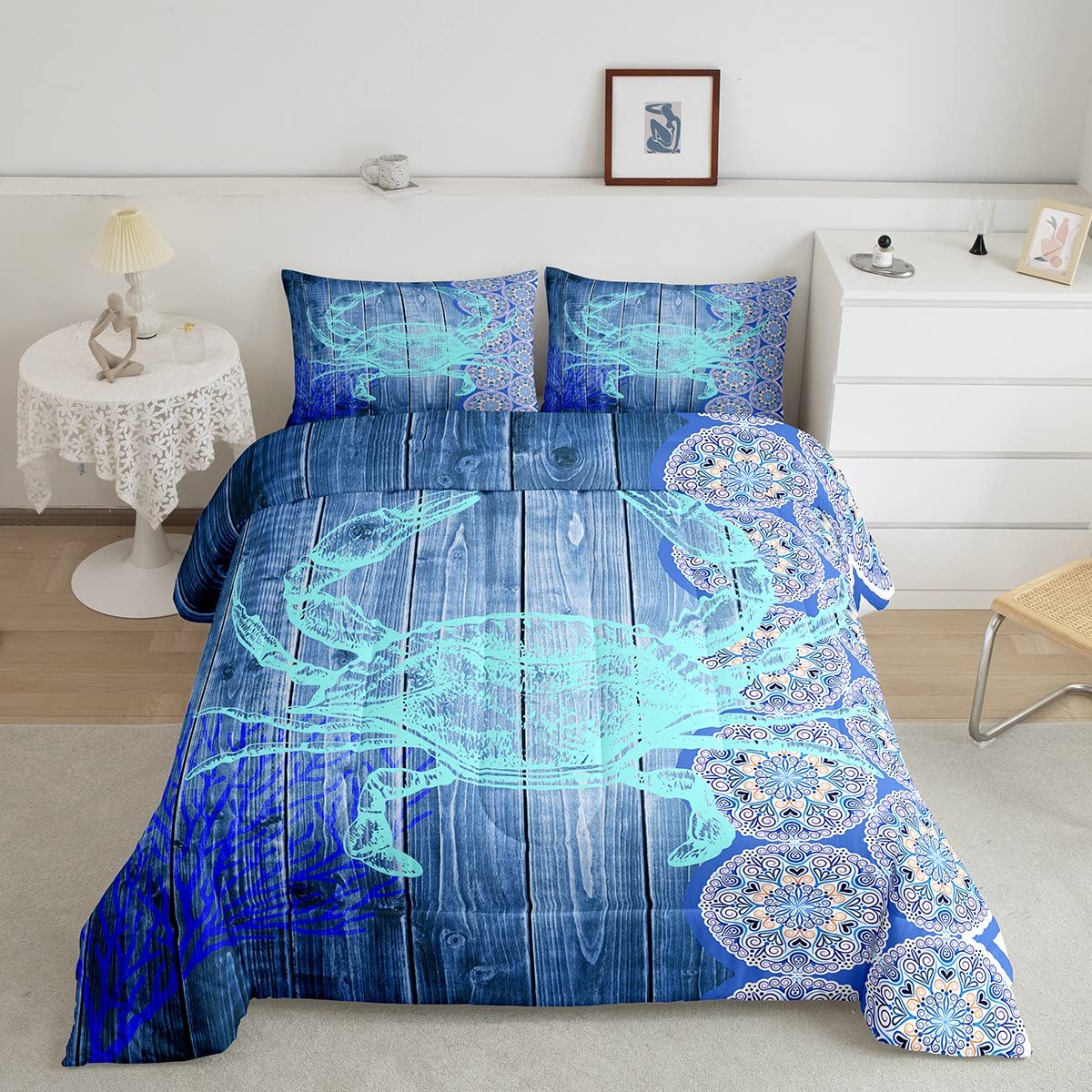 Erosebridal Crab Print Bedding King Ocean Themed Comforter Boho Mandala Duvet Insert Blue Coral Quilted Duvet 3pcs Sea Wildlife Down Alternative Comforter with 2 Pillowcase Blue Bedroom Comforter Set