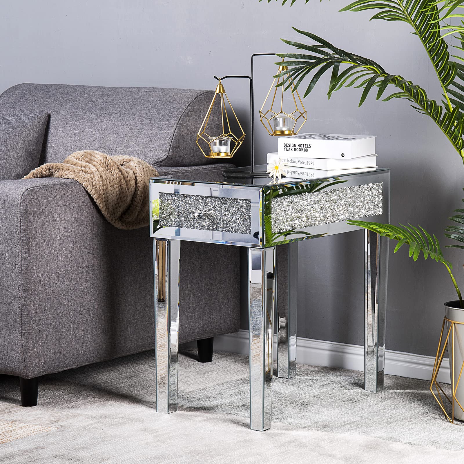 VINGLI Mirrored Nightstand Set of 2 Narrow Side Table with Drawer Glass Accent Table,Silver