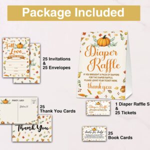 Fall Baby Shower Invitations Set, Thanksgiving Baby Shower Games, Pumpkin Diaper Raffle Sign & 25 Diaper Raffle Tickets, 25 Book Request Cards, 25 Baby Shower Invitations, 25 Thank You Cards (FALL02)