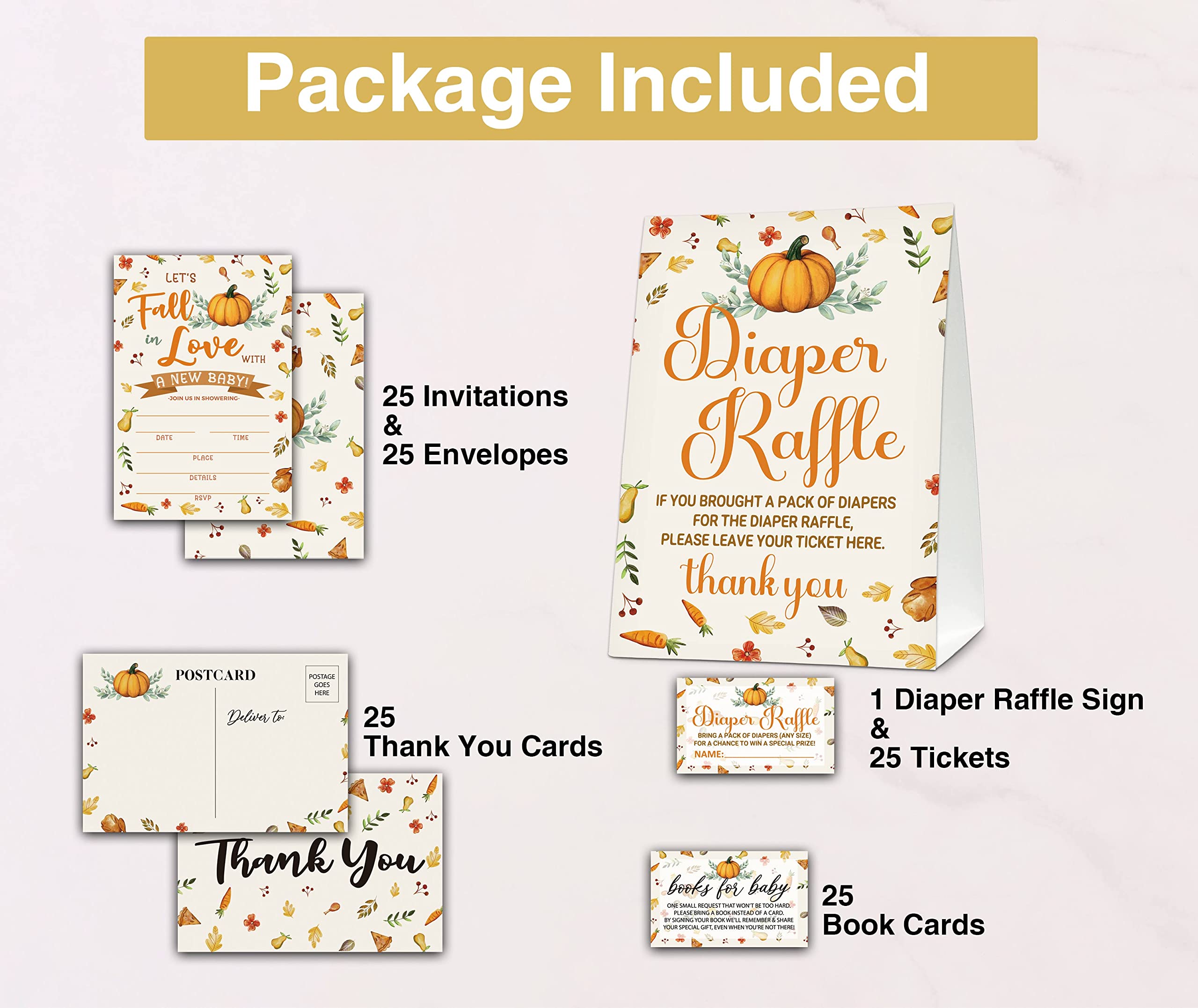 Fall Baby Shower Invitations Set, Thanksgiving Baby Shower Games, Pumpkin Diaper Raffle Sign & 25 Diaper Raffle Tickets, 25 Book Request Cards, 25 Baby Shower Invitations, 25 Thank You Cards (FALL02)