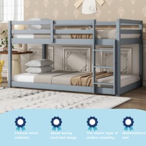 Low Bunk Beds Twin Over Twin Floor Bunk Bed Frame Junior Loft Bed for Kids Boys Girls Teens Wood Twin Bunk Bed with Safety Fences Wood Twin Bunk Bed with Safety Fences, Gray