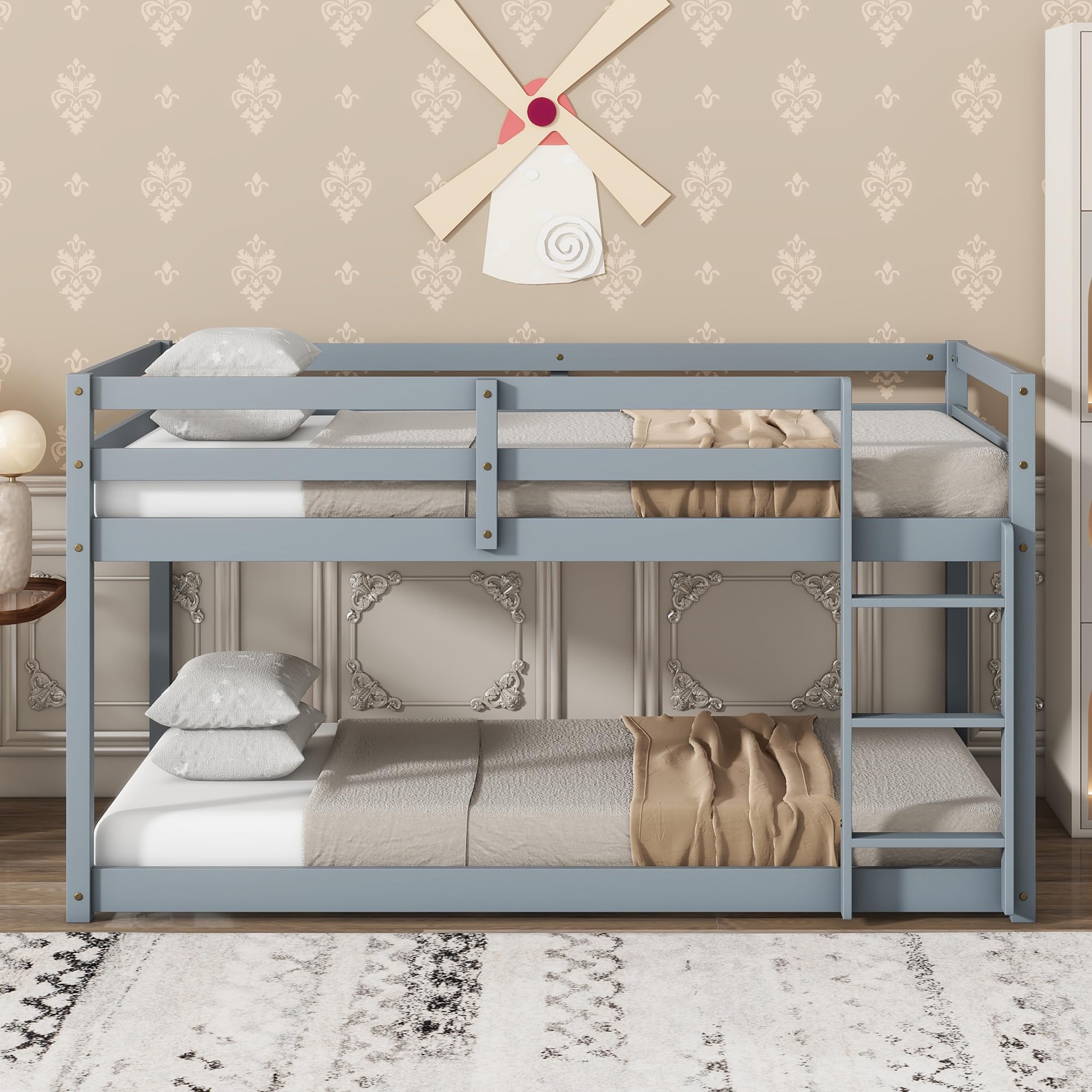 Low Bunk Beds Twin Over Twin Floor Bunk Bed Frame Junior Loft Bed for Kids Boys Girls Teens Wood Twin Bunk Bed with Safety Fences Wood Twin Bunk Bed with Safety Fences, Gray