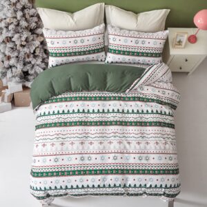 Christmas Duvet Cover Set King Size, Green White Striped Holiday Snowflake Christmas Tree Pattern Bedding Set 3 Pieces, Soft Microfiber Xmas Holiday New Year Gift Comforter Cover Bedroom Decor