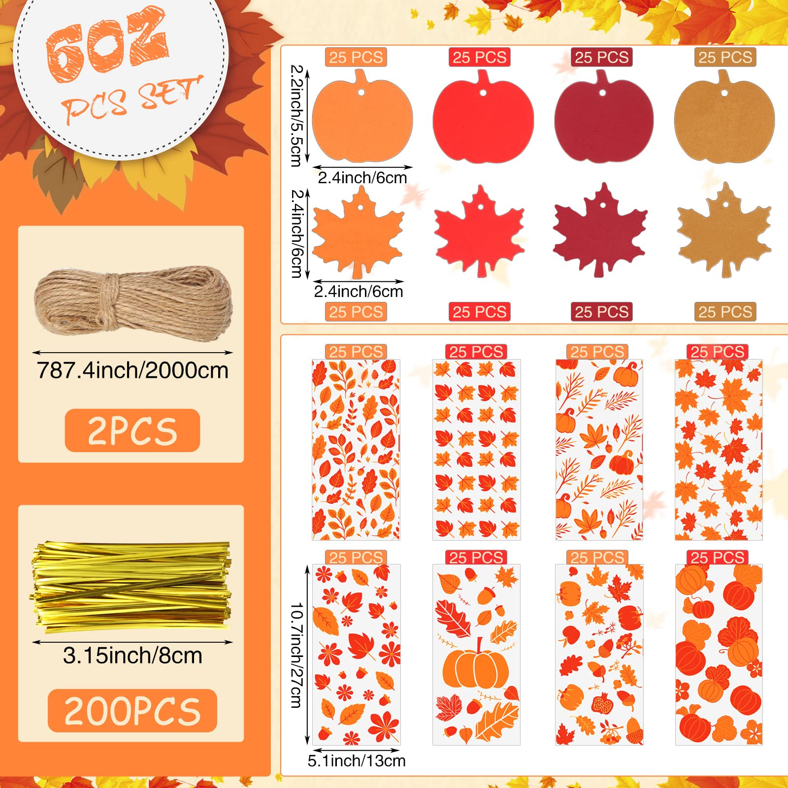 Remerry 600 Pcs Fall Cellophane Treat Bags Thanksgiving Candy Bags Fall Goodie Bags Maple Leaf Pumpkin Bags with Pumpkin Maple Leaf Tags Gold Twist Tie Twine Autumn Party Supplies