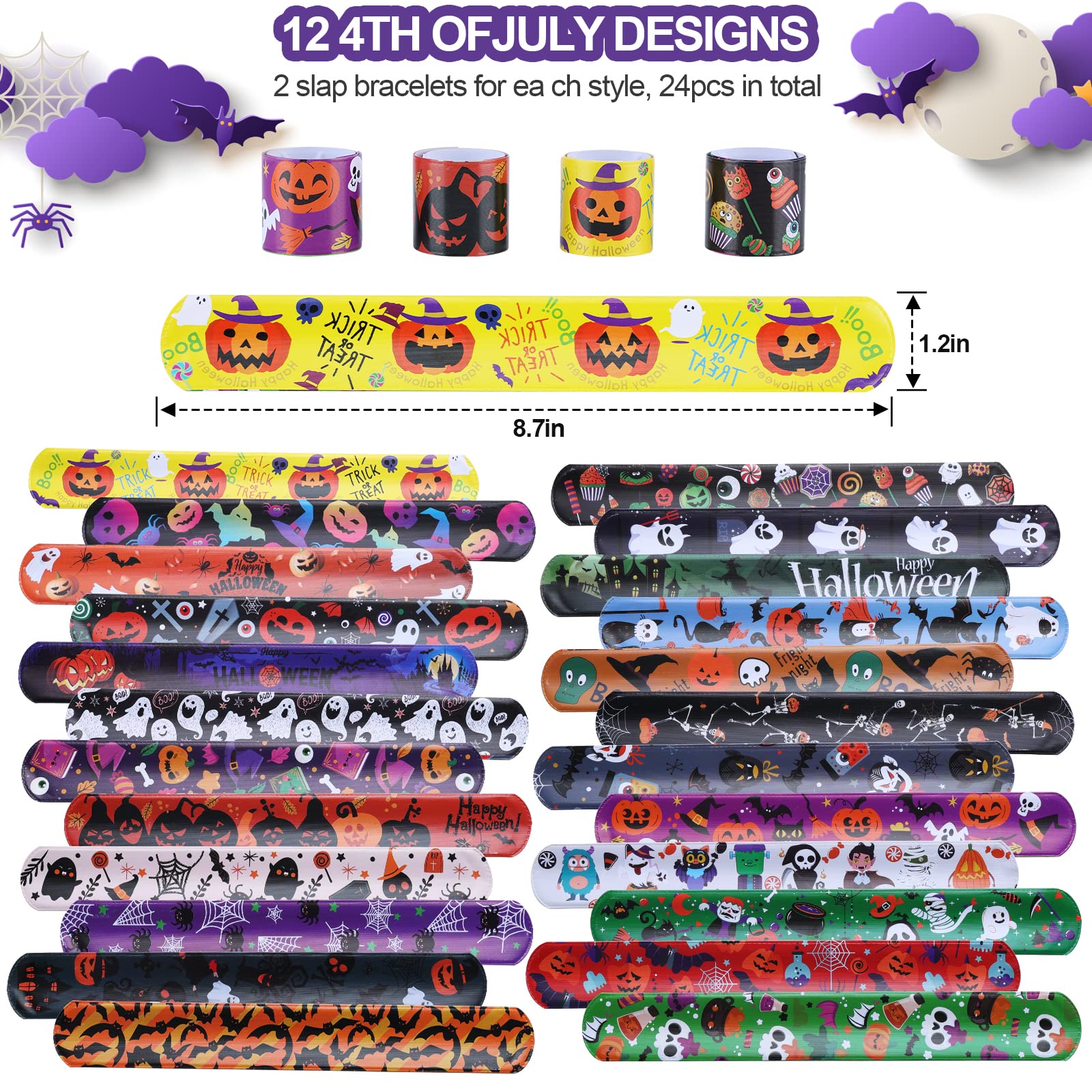 xutengy 48Pcs Halloween Party Favors Decorations Slap Bracelets Rubber Wristbands, Trick or Treat Party Favors, Classroom Prizes, Halloween Party Gift Treat Bag Filler Supply