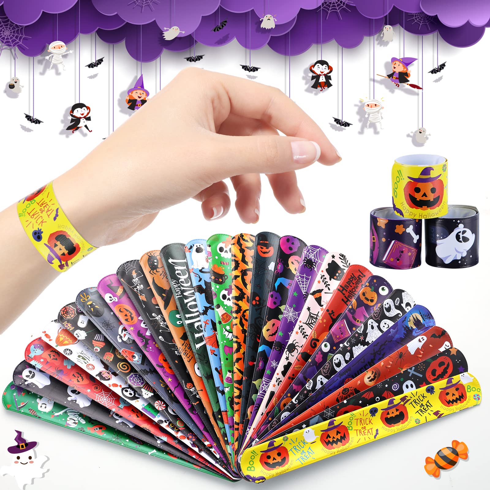 xutengy 48Pcs Halloween Party Favors Decorations Slap Bracelets Rubber Wristbands, Trick or Treat Party Favors, Classroom Prizes, Halloween Party Gift Treat Bag Filler Supply