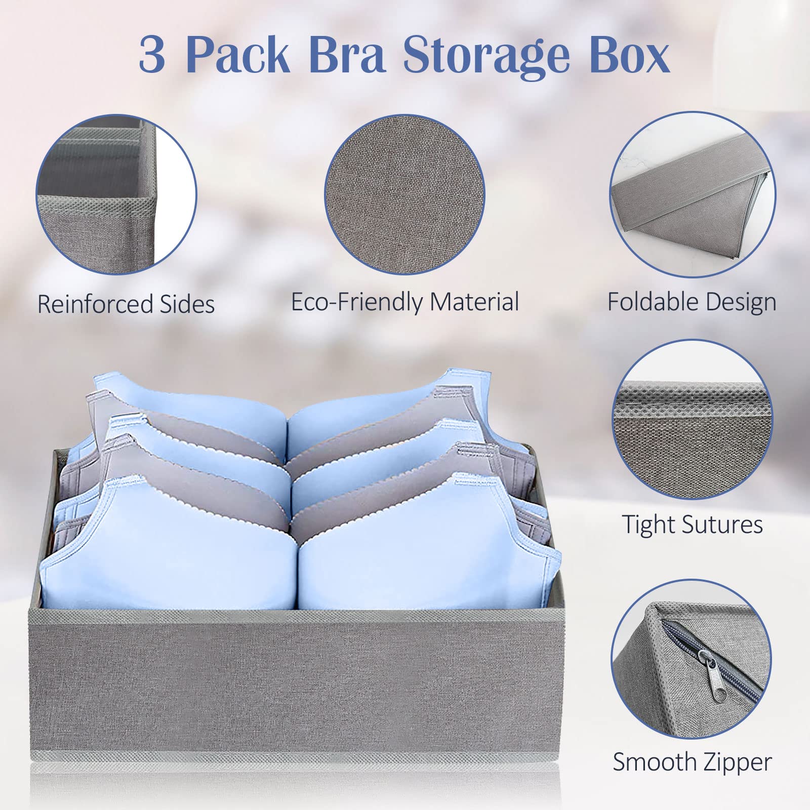 STYLIFING 3 Pack Bra Drawer Organizer, 5 Cells Foldable Underwear Storage Organizer for Closet