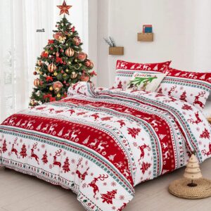 Dobuyly Christmas Duvet Cover Set Queen Reversible Christmas Tree Reindeer Boho Bedding Set 3 Pieces Soft Microfiber Comforter Cover for Bedroom Decor