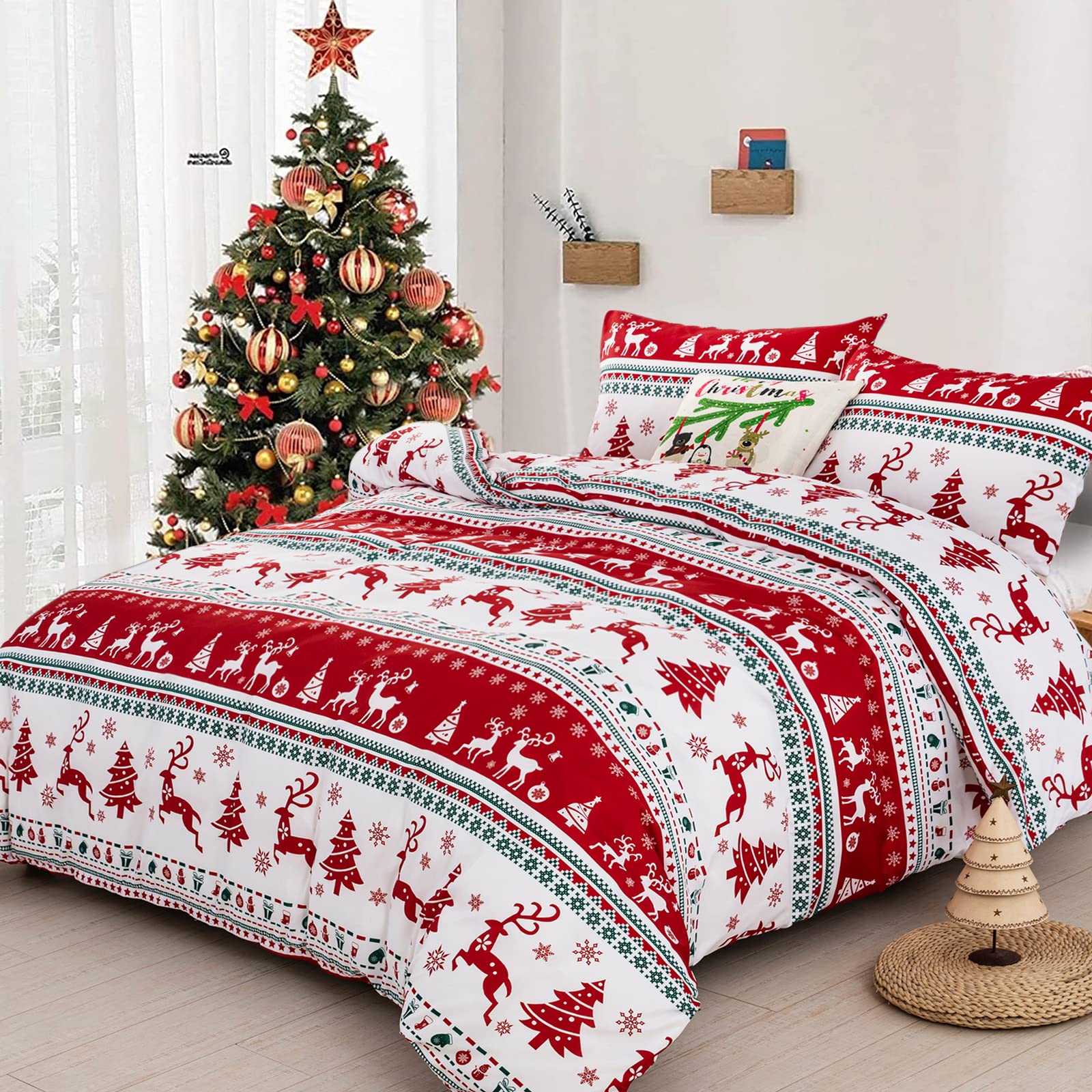 Dobuyly Christmas Duvet Cover Set Queen Reversible Christmas Tree Reindeer Boho Bedding Set 3 Pieces Soft Microfiber Comforter Cover for Bedroom Decor