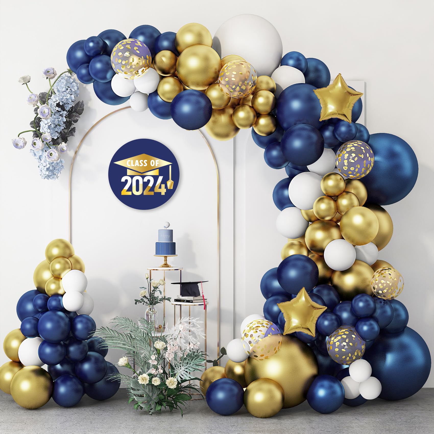 146pcs Navy Blue and Gold Balloon Garland Arch Kit, Royal Blue White Metallic Gold Confetti Mixed Sizes Balloons for Graduation Anniversary Baby Shower Wedding Birthday Party Decorations