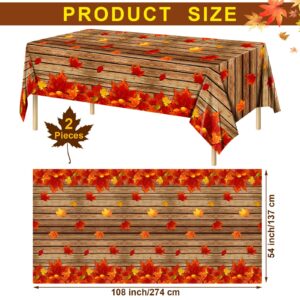 durony 2 Pack Autumn Plastic Tablecloths Fall Maple Leaves Table Cloth Waterproof Thanksgiving Party Table Covers Wood Grain Tablecloths for Harvest Fall Parties Decor, 54 x 108 Inches