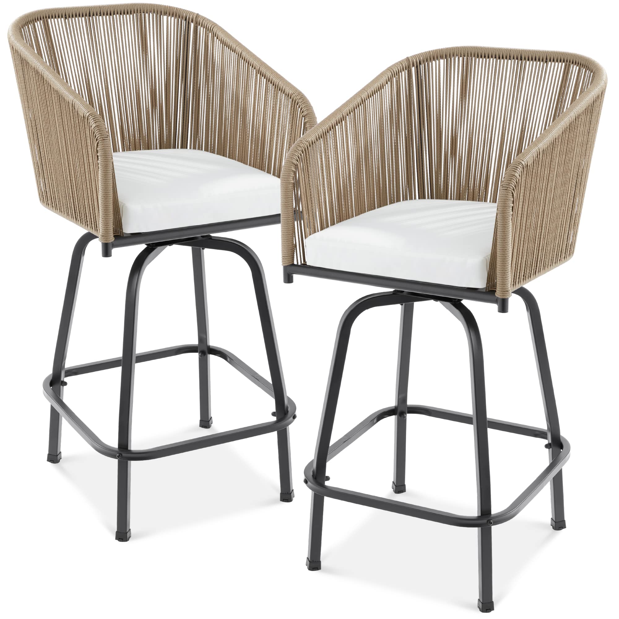 Best Choice Products Set of 2 Woven Wicker Swivel Bar Stools, Patio Bar Height Chair for Backyard, Pool, Garden, Deck w/ 360 Rotation, 250lb Capacity - Natural/Ivory