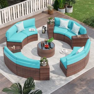 OC Orange-Casual 13 Pieces Sectional Outdoor Furniture, Half-Moon Curved Outdoor Sofa, All-Weather Brown Wicker with Round Coffee Table and Turquoise Cushions (Pillows & Waterproof Cover Included)